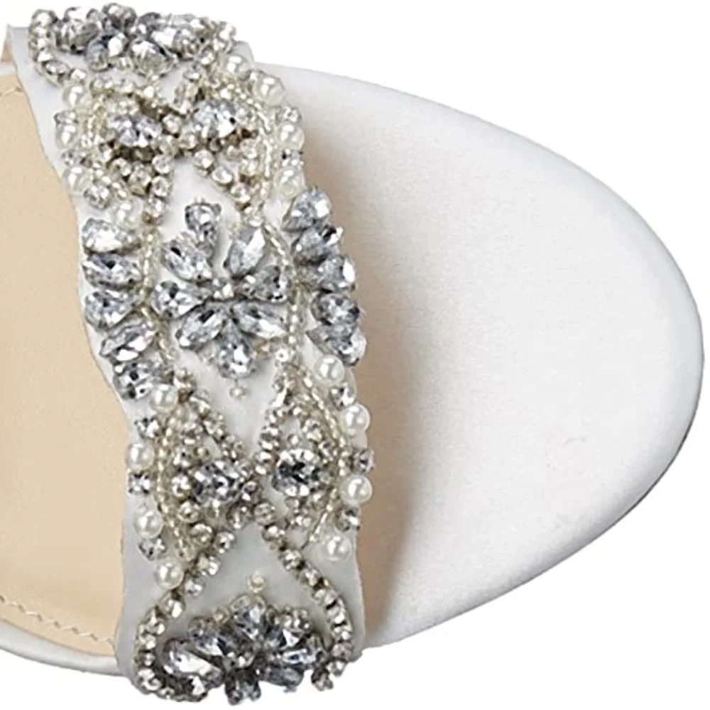 Betsey Johnson Gina Jeweled Ankle Strap Dress Sandals Silve Satin Stiletto Heels - Picture 3 of 8